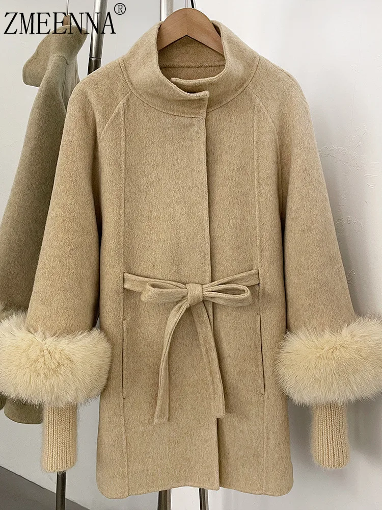 

ZMEENNA Womens Elegant Wool Blend Coat With Luxurious Fur Cuffs Warm Winter Outwear High Neck Jacket Waist Belted Khaki ZM4556