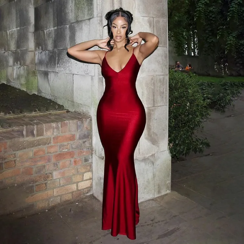 

Sexy Sleeveless Women Maxi Evening Dress V-Neck Backless Folds Coquette Elegant Mermaid Matching Banquet Prom Bodycon Vestidos