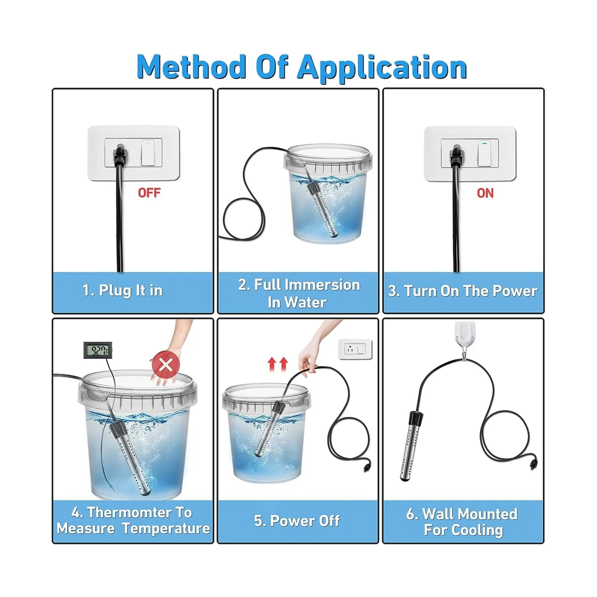 US Plug,Immersion Water Heater, 1500W Bucket Heater, Electric Submersible Water Heater with LCD Thermometer