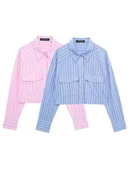 HH Women Elegant Striped Blouse Sweet Breasted Long Sleeve Shirt With Front Pocket 2024 Woman Cropped Pink Blue Blouses Top