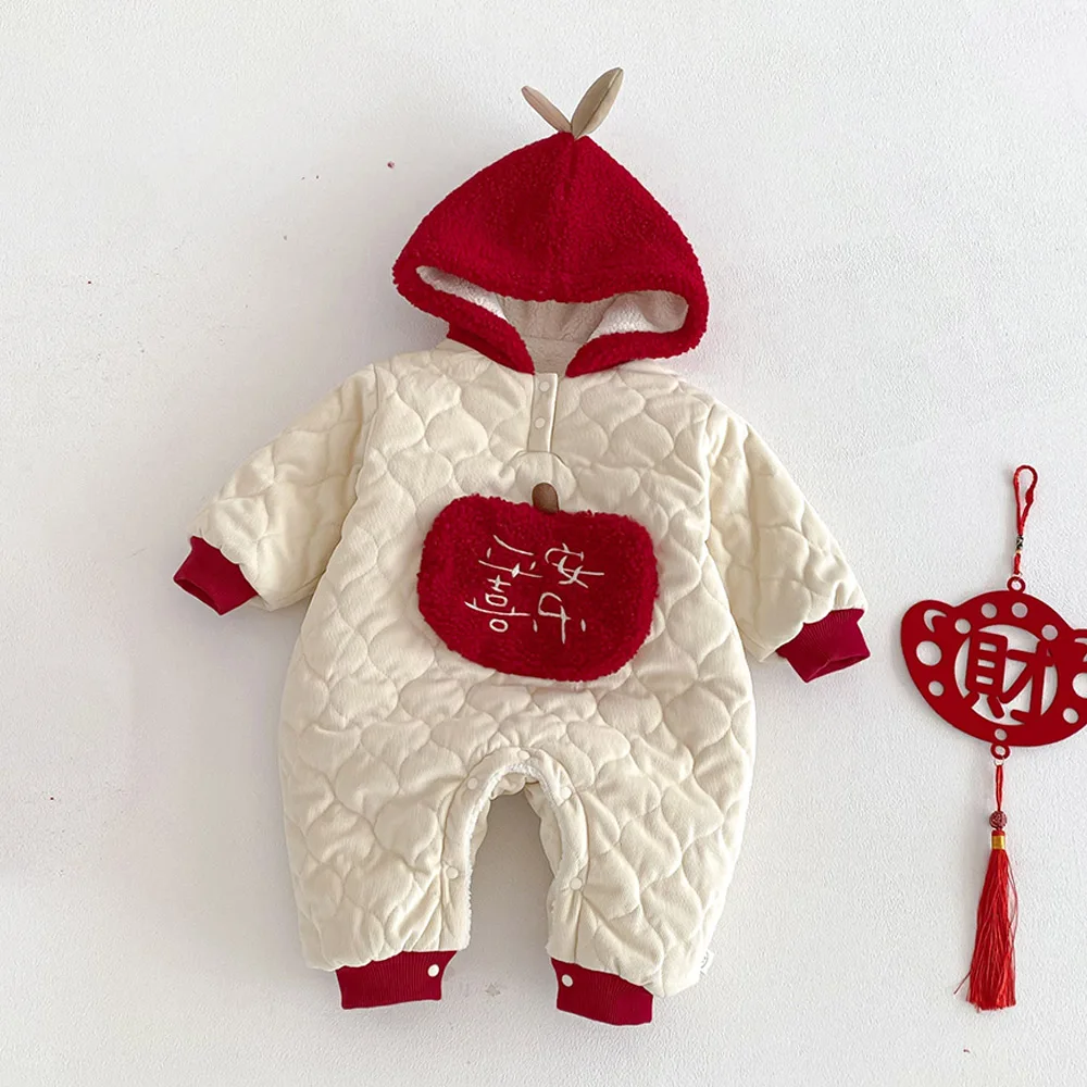

Baby Winter Clothes Girl Christmas Romper Hooded Plus Velvet Warm Patchwork Chinese Style New Year Baby Boy Jumpsuit