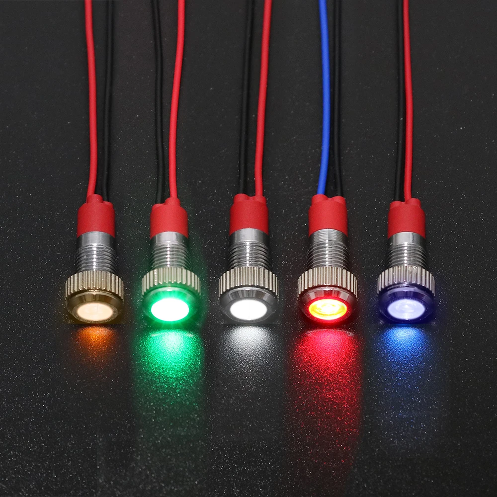 Luz indicadora de Metal LED de 8mm, lámpara de señal impermeable, luz de punto con cable rojo, amarillo, azul, verde, blanco, 3v12v24v220v