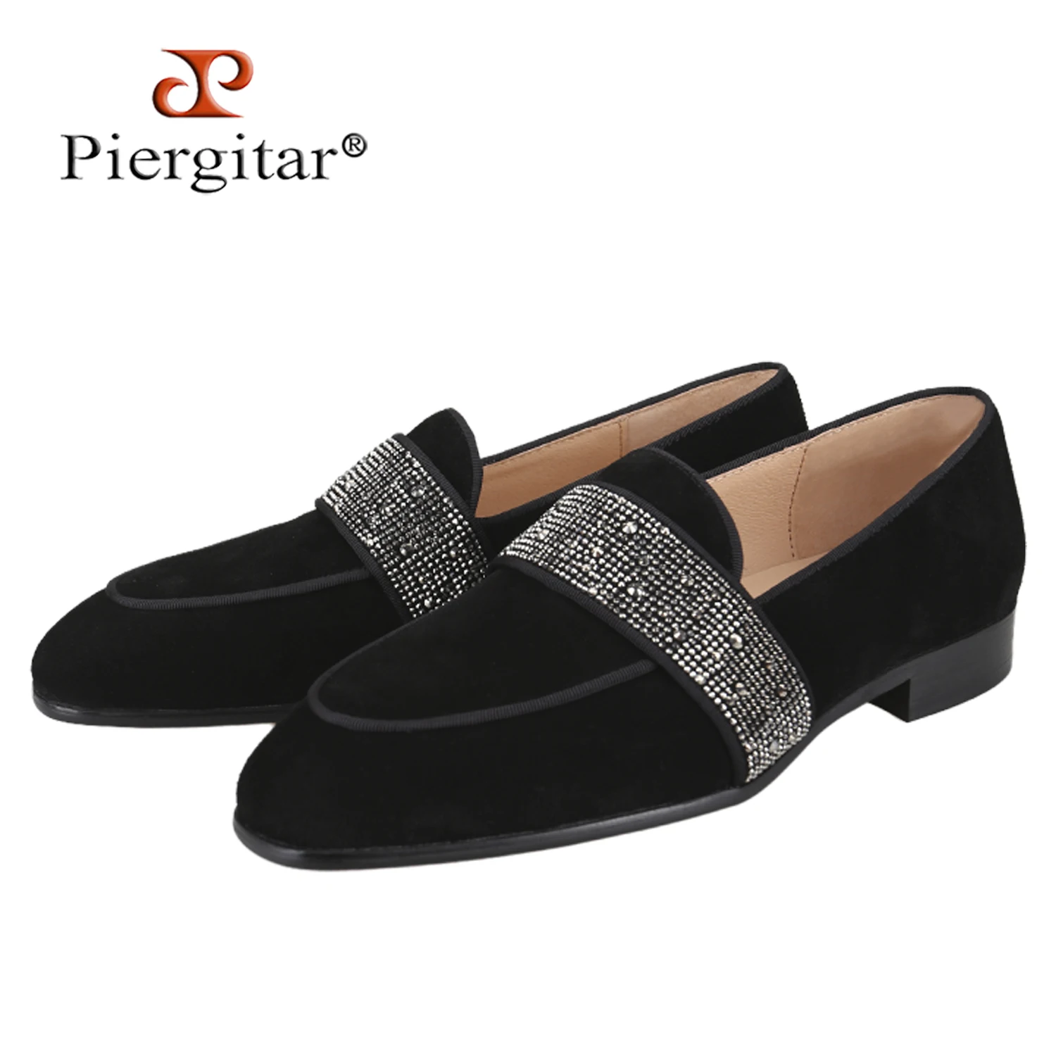 Piergitar Luxury Brand Same Style Black And Blue Suede Slip-On Loafers With Handmade Sliver Crystals Band Men's Flats Red Sole