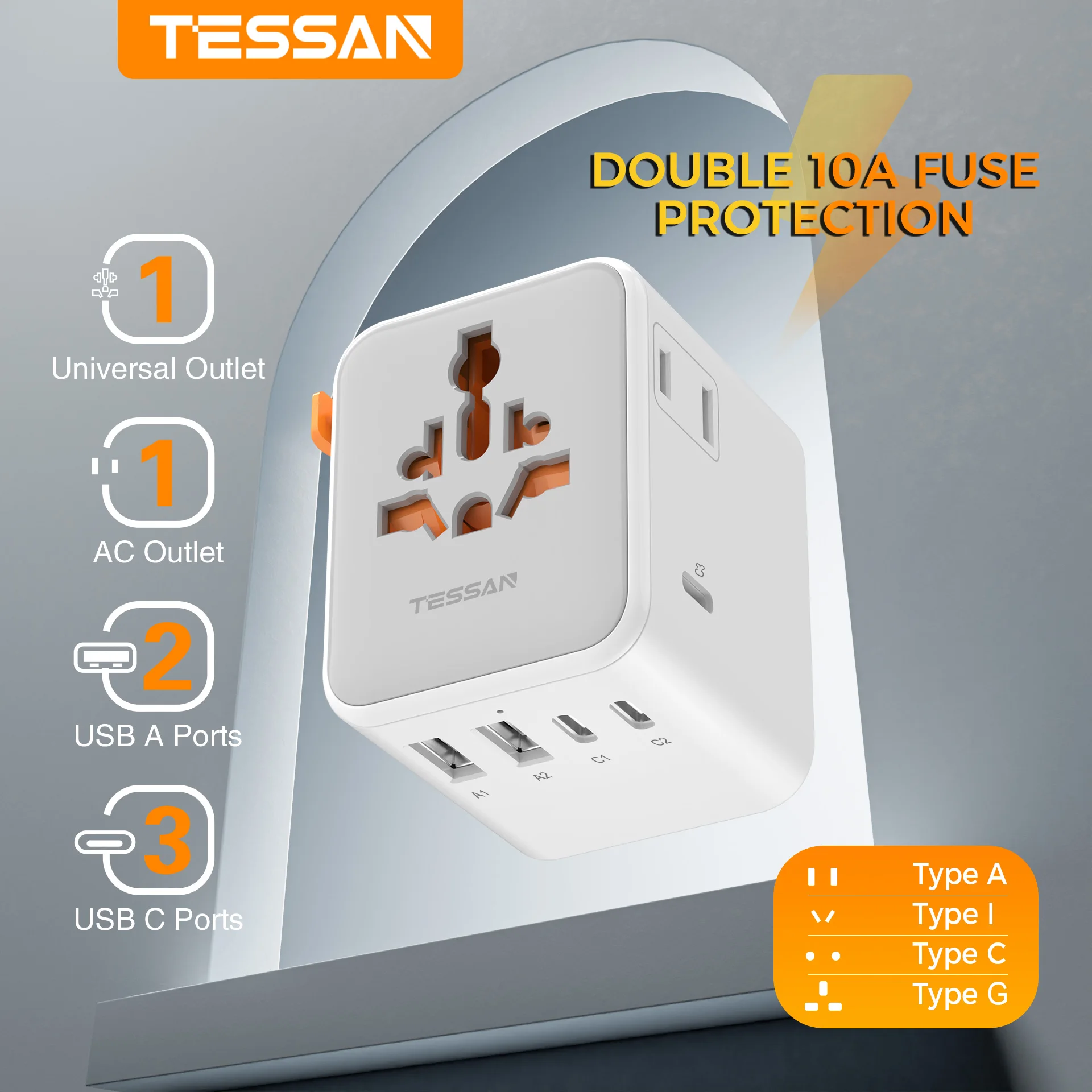 TESSAN GaN Universal Travel Adapter with Extra 2 Prong AC Outlet USB International Travel Plug Adapter for US To EU/UK/AUS/KR/BR