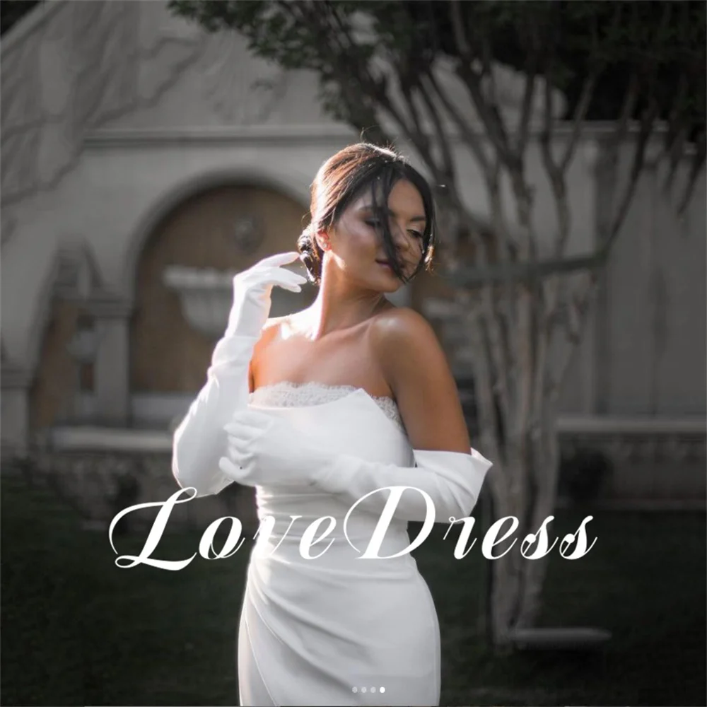 Love Simple Strapless Lace Stain High Side Slit Wedding Dresses Pleating Elegant Floor Length Backless Lace Up Customized