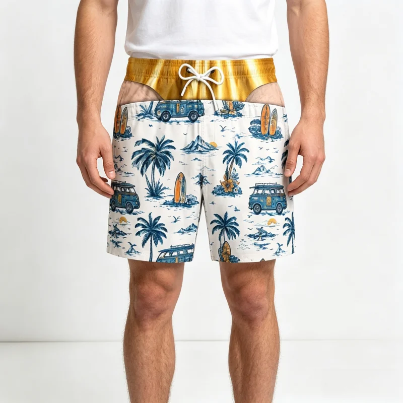 2026 Funny Optical Illusion Print Thong Shorts Summer Novelty Hilarious Beach Swim Trunks Quick Drying FamilyMatching Y2K