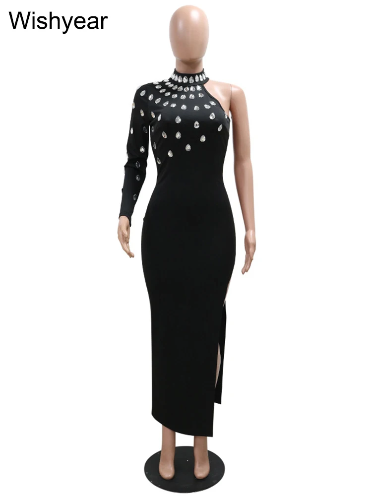 New Elegant Big Dias One Sleeve Black Bandage Beaded Evening Party Split Dress For Women Birtdhay Clubwear Prom Robe