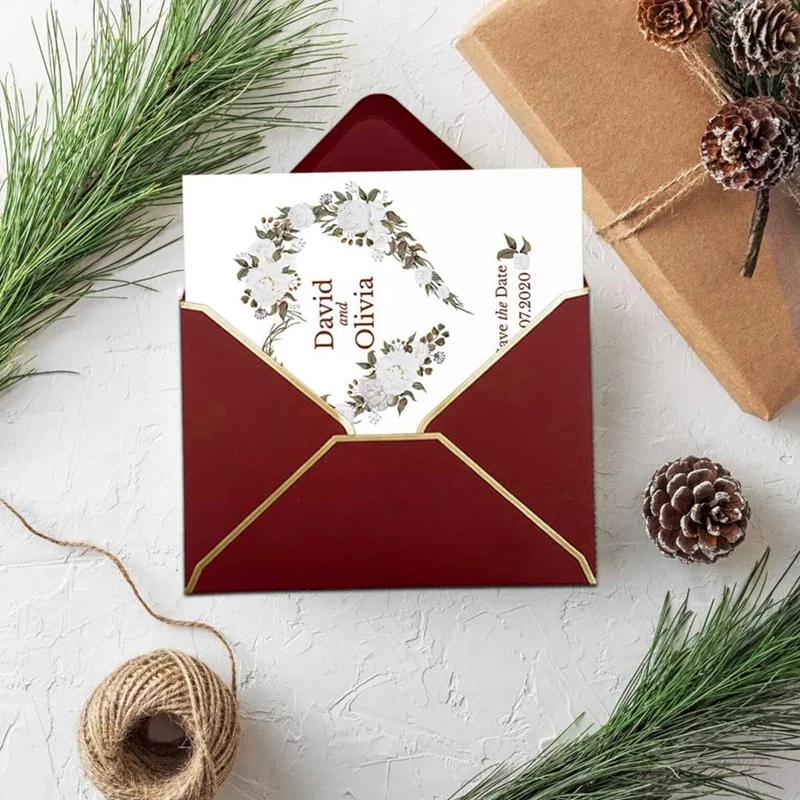 100 PCS A7 Burgundy Invitation Envelopes With Gold Border, 5X7 Inch, V-Flap, Quick Seal - Perfect For Special Occasions