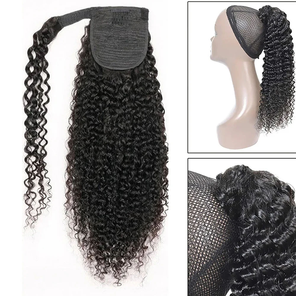 Extensión de cola de caballo para mujer, cabello humano virgen brasileño rizado con urdimbre de pasta mágica, alrededor de 100 g/pc