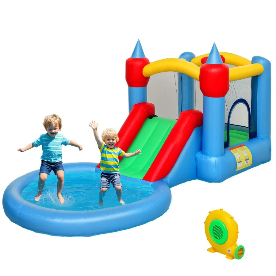 

Qaba 4 in 1 Inflatable Bounce House with Slide Basketball Hoop Ball Pit 370W Blower Storage Bag 163 x 81 x 75