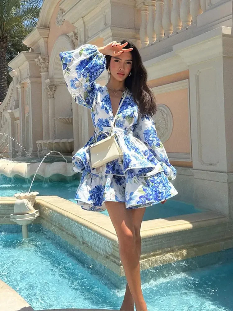 Women Elegant Floral Print V-neck Ruffle Mini Dress Summer Sexy Long Puff Sleeved High Waist Vestidos Female Beach Vacation Robe