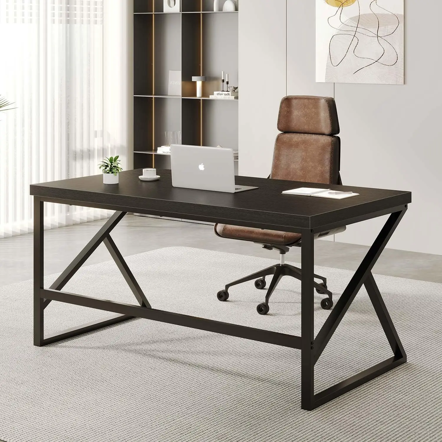 ブラックモダンインダストリアルコンピュータデスク、55フィートのメタル&ウッドラップトップデスク、ホームオフィス、学生学習、ゲーム、寝室、リビングルーム用