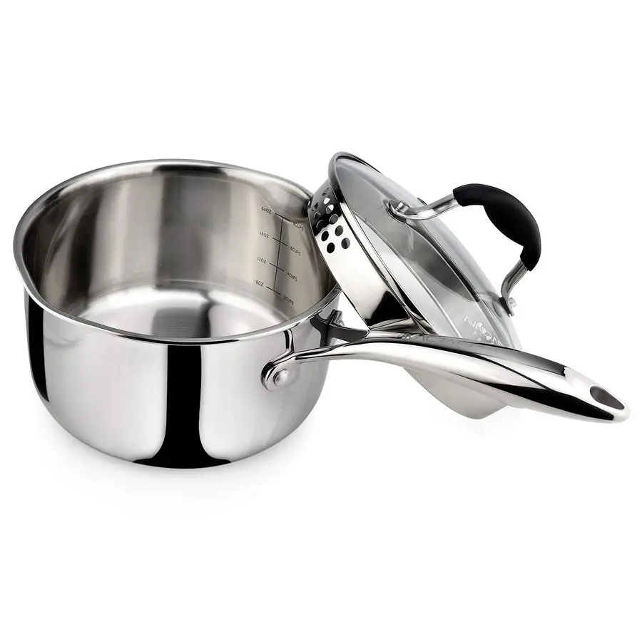 

TriPly Stainless Steel Saucepan with Glass Strainer Lid, Two Side Spouts, Ergonomic Handle, Multipurpose Sauce Pan with Lid, Sau