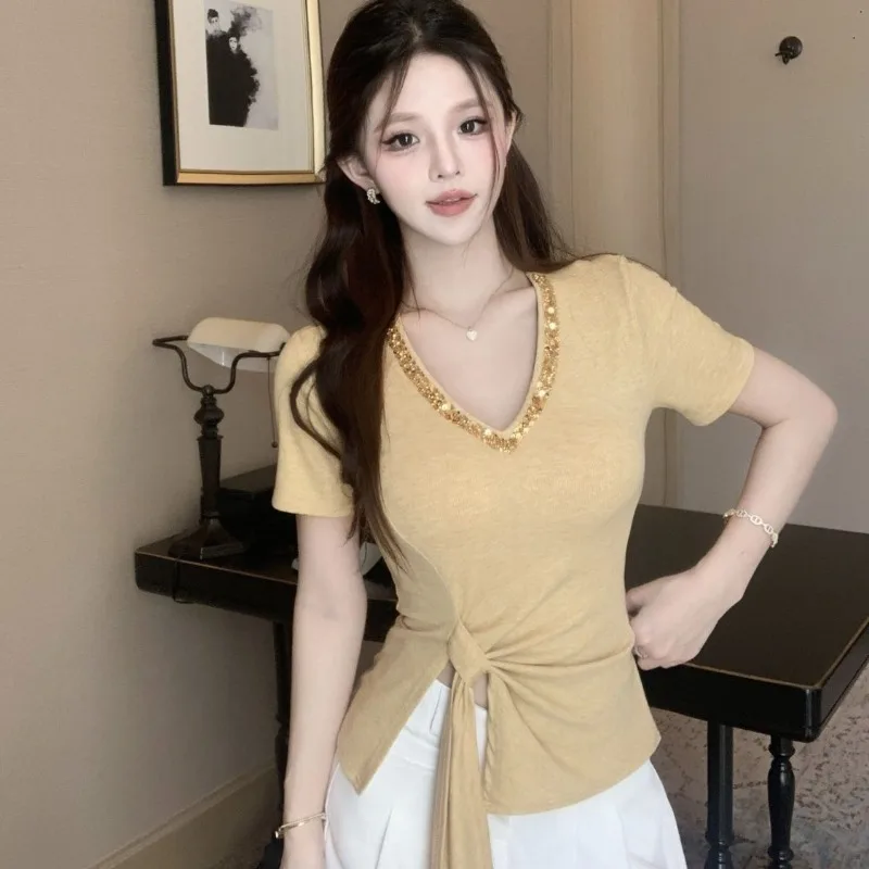 

Women Summer Fashion Sexy V-neck Diamonds Solid Color Short Sleeve T-Shirt Ladies Casual Office Lady All-match Irregular Tops