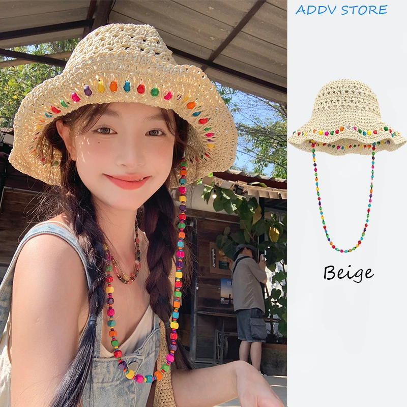 

Retro Woven Women's Sunscreen Rainbow Chain Cap Summer Japanese Straw Hat Protective Breathable Hollow Big Brim Beach Sun Gorro