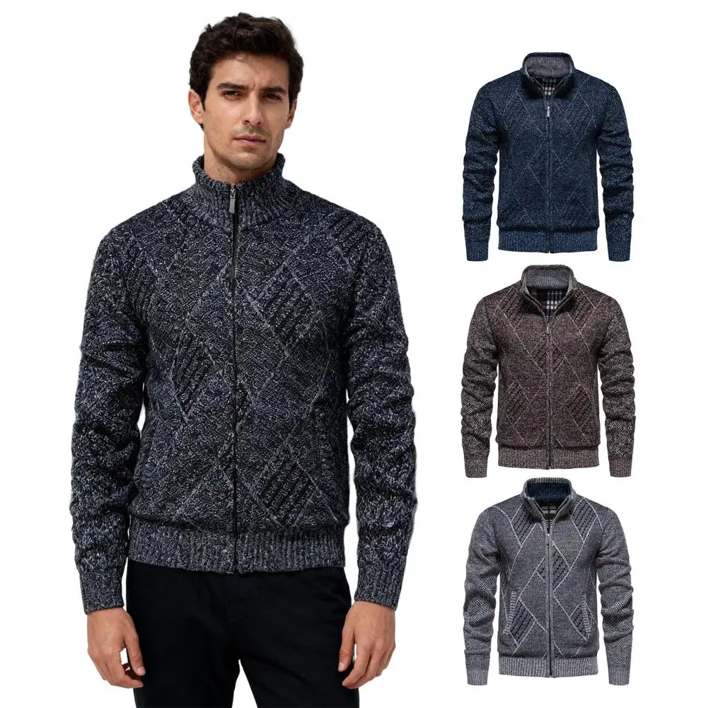 

Men Sweater Coat Stand Collar Long Sleeve Zipper Closure Winter Jacket with Pockets Plush Lining Outdoor Outerwear 남자 겨울 코트