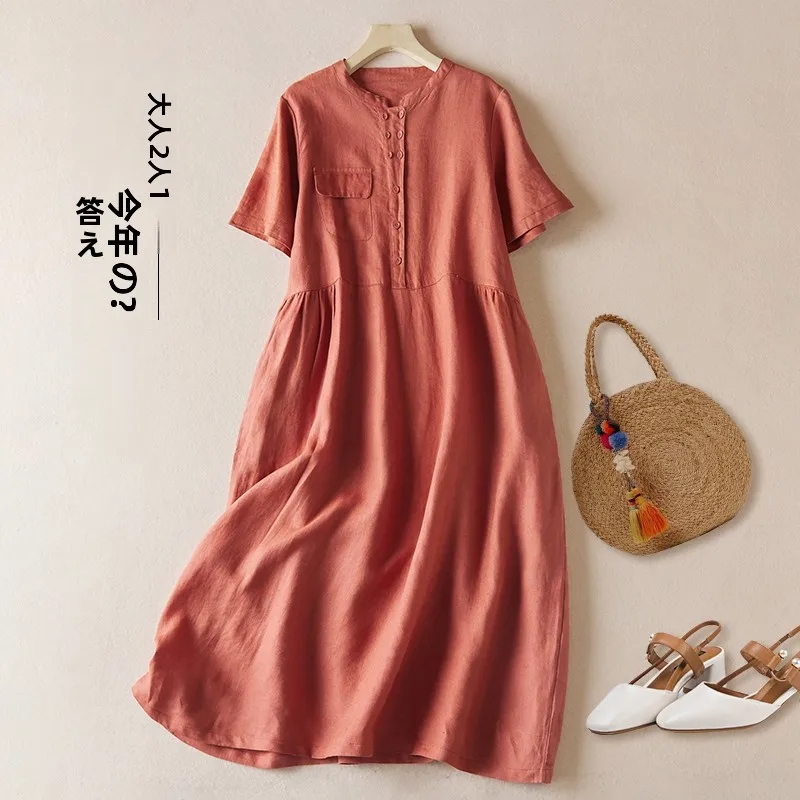 Zomer Woon-werk Losse Casual Japanse Sle Pure Kleur Lin ort Sve Dames Dr A-lijn Midi Rok Faionable Katoen Linnen