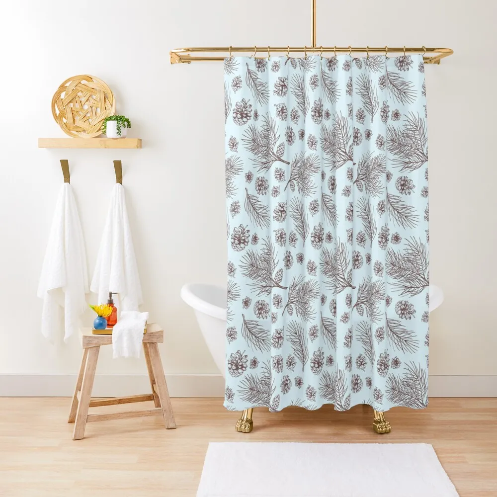 

Pine Cones and Pine Branches Pattern (Light Blue and Sepia) Shower Curtain Modern Accessory Bathrooms Shower Bath Curtain