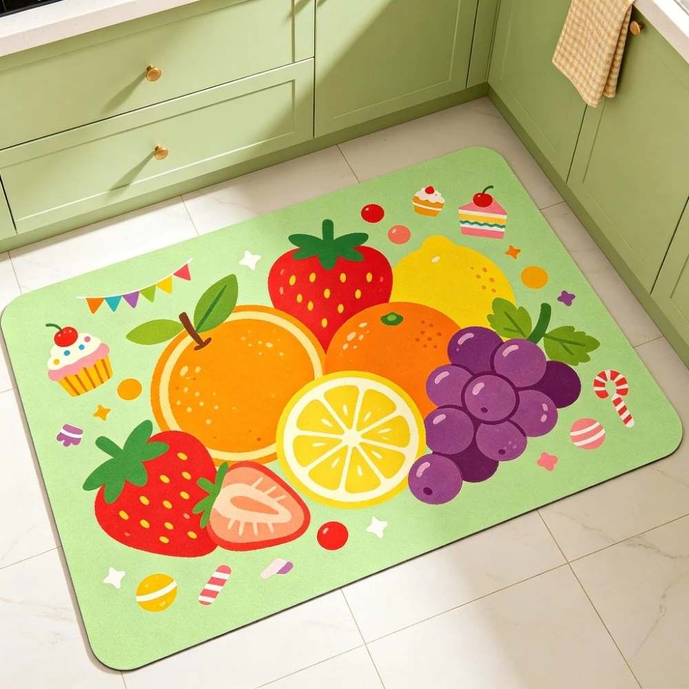 Cute Cartoon Kitchen Baking Party Door Mat, Oven Fruit Cake Balloon Print Non-Slip Water Absorbent Floor Rug for Kitchen Entranc