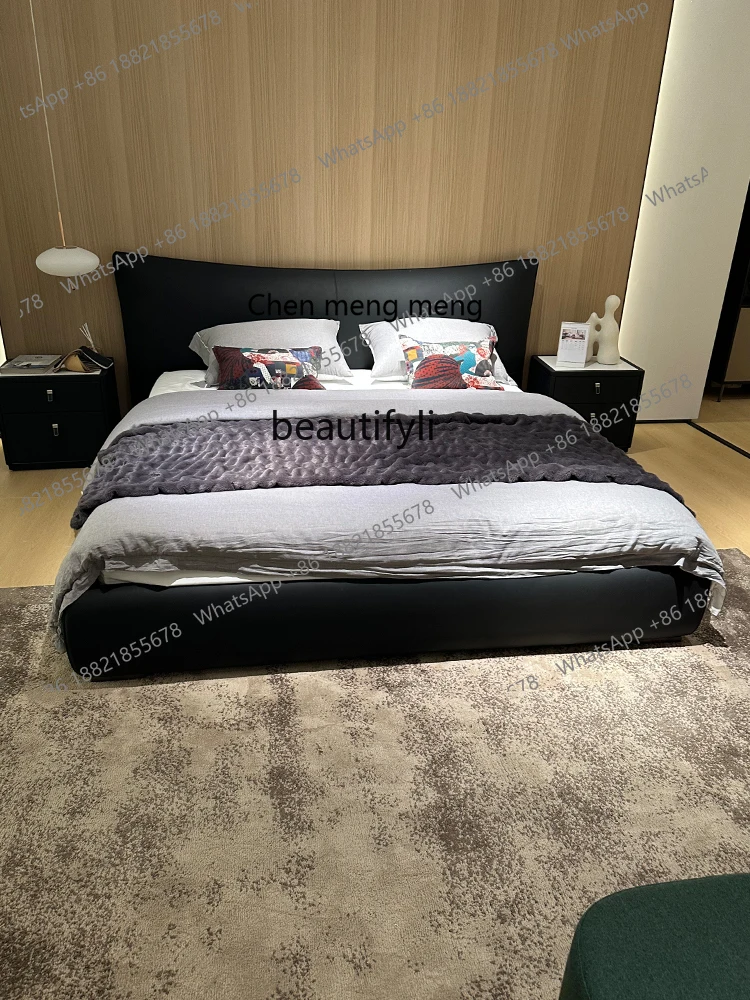 Leather  Marriage Bed Bed in Master Bedroom Small Apartment Simple Italian  Double Bed Imported First Layer Cowhide