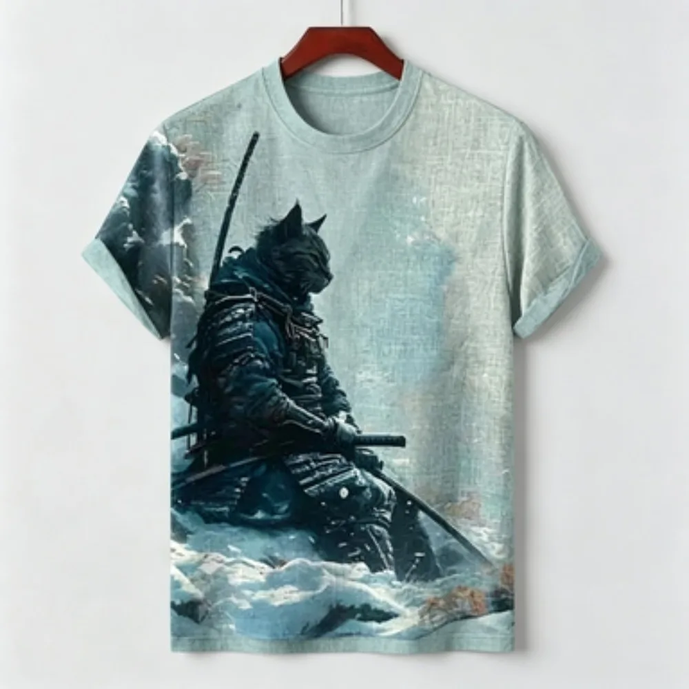 2026 Retro Hero Warrior Cat Landscape Print Men's Summer Short Sleeve T-Shirt,Lightweight,Loose Neck Versatile Couple Travel Top