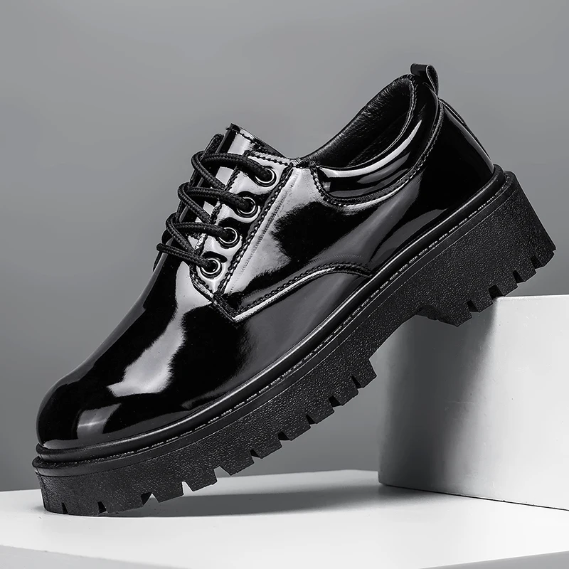 Schwarze Herren-Freizeitschuhe aus Lackleder, Plateau-Schnürschuhe, Business-Schuhe, Büro-Arbeitsschuhe, Party-, Hochzeits- und formelle Schuhe – Detail 9