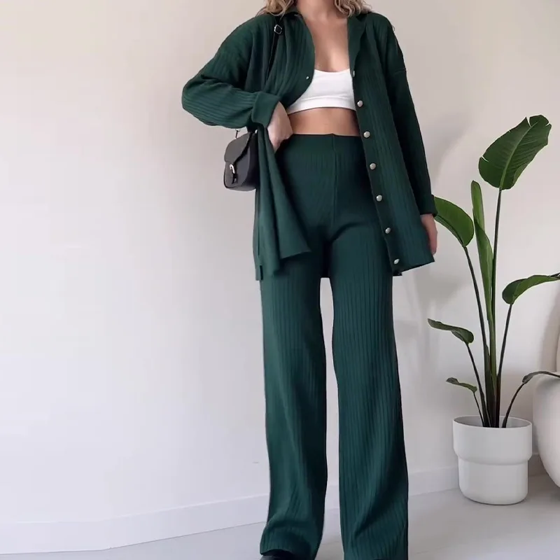 Loungewear for Women Two Piece Set Fashion Knitt Button Casual Lapel Long Sleeved Top High Waist Wide Leg Home Pants Set Outfits