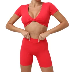 Seamless Yoga Sets Sports Fitness Hip-lifting Shorts Cross V-neck Short-Sleeved Suit Workout Clothes Gym Leggings Set for Women
