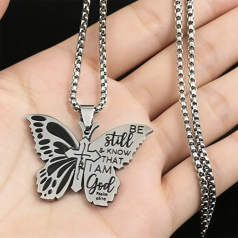 Christian Faith Cross Psalm 46:10 Butterfly Pendant Necklace Stainless Steel Bible Verse Necklaced For Women Men