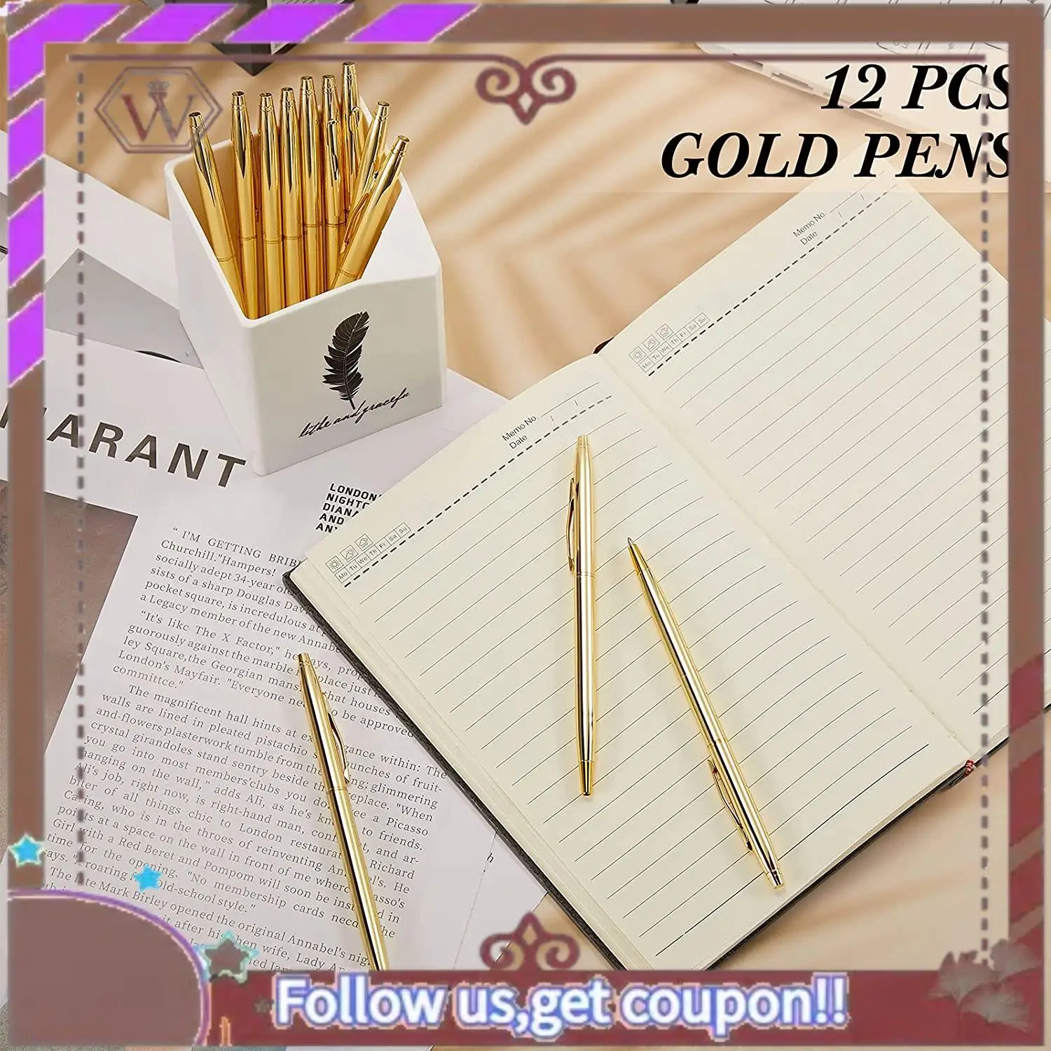 최신 12 PCS 골드 슬림 볼펜 검정 잉크 1 Mm 중간 포인트 금속 개폐식 펜 학생 교사 사무실