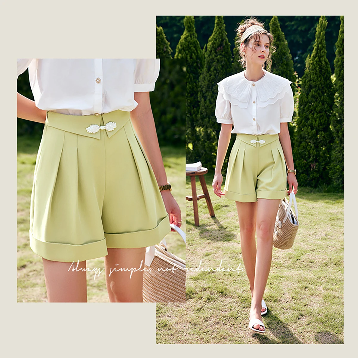 OLrain Green Shorts Women 2026 Summer Fashion A-Line High Waisted Shorts Pleated Button Solid Pants Female Clothes O22XK61393