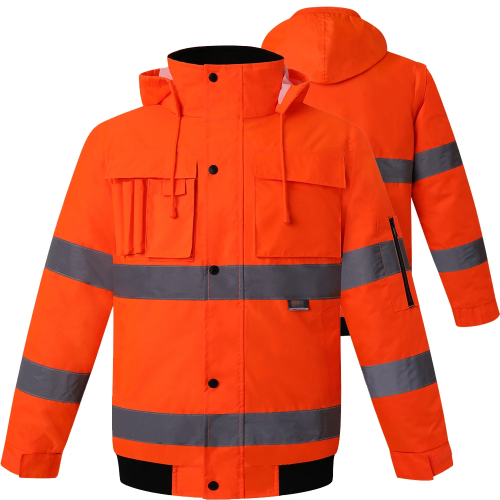 Winter High Visibility Safety Warm Jacket for Men Fluorescent Orange Waterproof Jacket Reflective Bomber Jacket Workwear