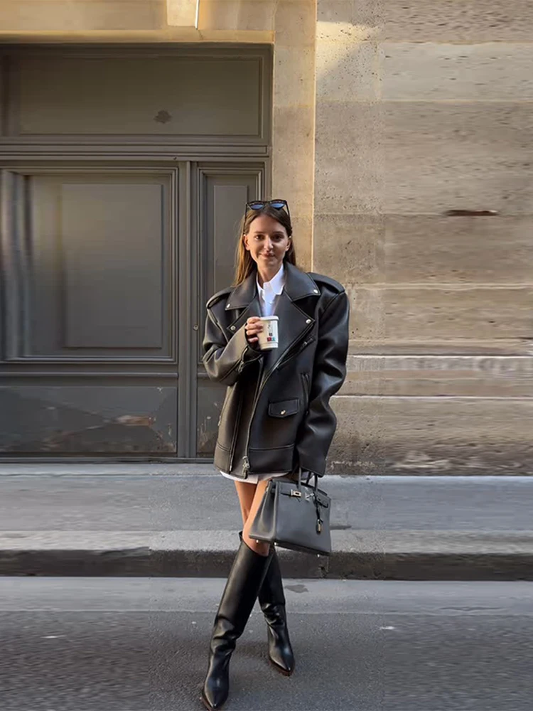 Women's Jackte Textured PU Leather Jackets Drawstring Waist Outwear High Neck Coats Asymmetric Zip Oversize Autumn Lady Clothes