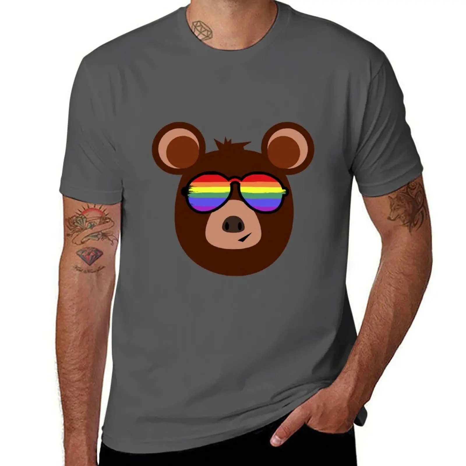 

Rainbow Pride Flag Bear LGBT Gay Wearing Sunglasses Bear T-Shirt Heavy Duty Casual Work Tee