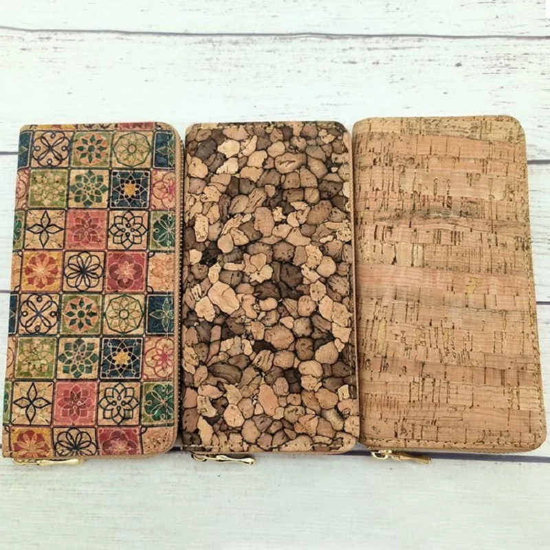 Billetera de corcho Natural con estampado de azulejos de Portugal, billetera larga de cuero PU de madera 2019, Tarjetero con cremallera de cobre, venta al por mayor