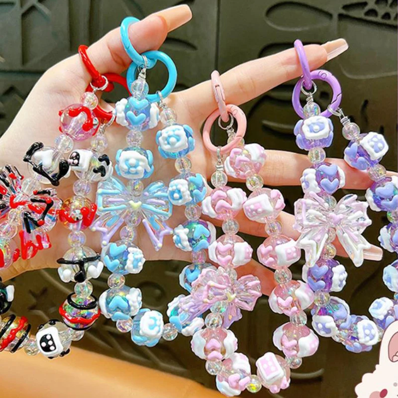 Fashion Bow Hand Drawn Beaded Anti Loss Mobile Phone Chain Car Keychain Pendant Bag Hangings Decoration