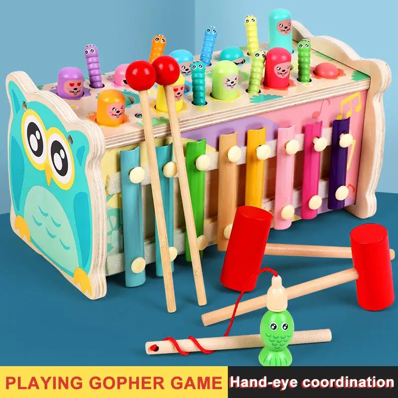 

Wooden Montessori Play Whac-a-Mole Toy Kids Fishing Game Music Ducational Toy Baby 13 Months Early Learning Children's Gift Toys