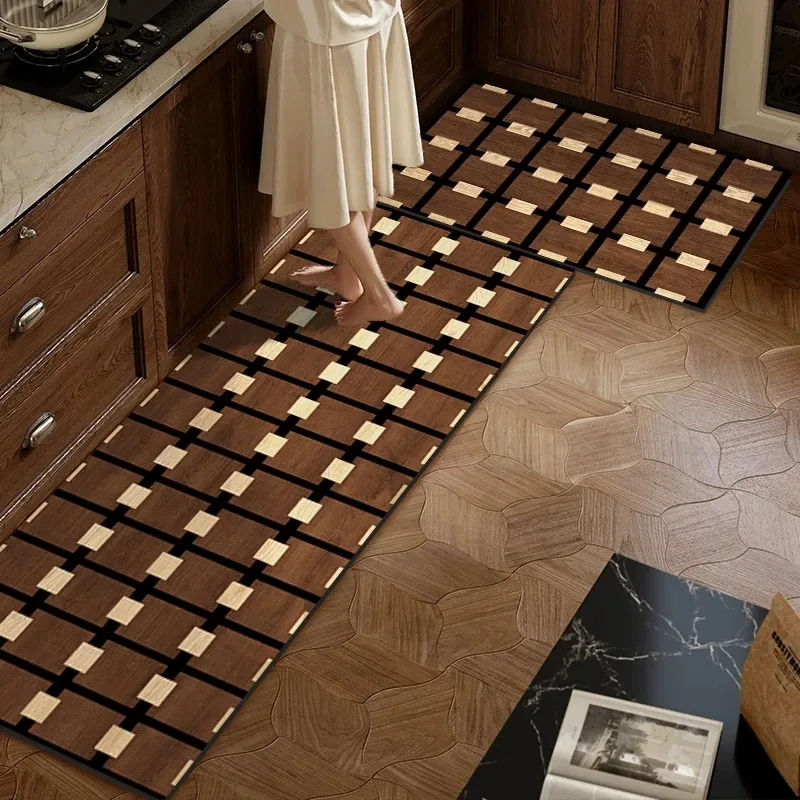 Wood Grain Kitchen Floor Mat Geometric Pattern Non-slip Rug Waterproof Dirty Resistant Wipe Clean Carpet Long Rugs Tapis Cuisine