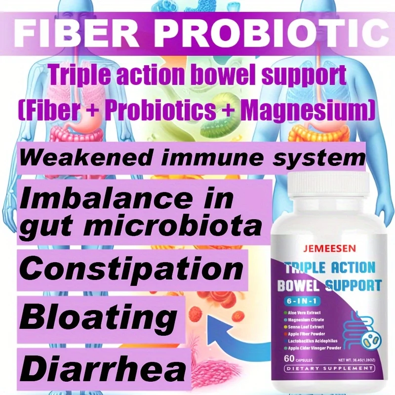 Triple action bowel support - [Fiber+ Probiotics + Magnesium] - Neakened immune system imbalance in gut microbiota Constipation