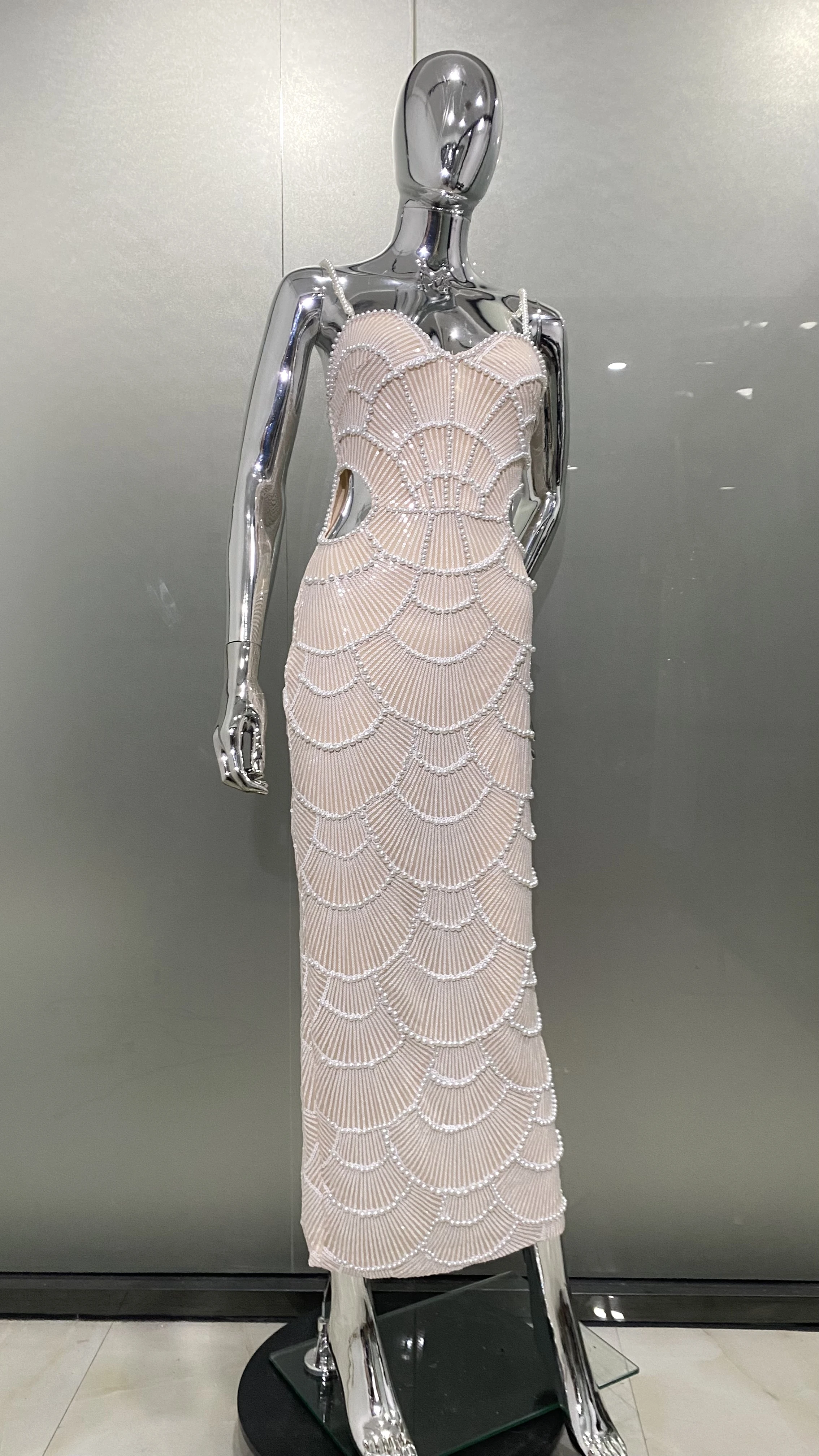 High Quality Women Sleeveless Sexy Strap Pearl Beading Bodycon Mid-calf Dress Fashion Celebrate Birthday Party Evening Dress