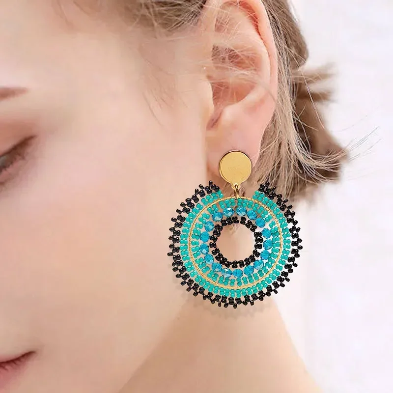 Rice bead earrings Circle Hollow out Crystal Fashion Hand knitting Alloy Bohemia Simple Geometry Graph Beaded earrings