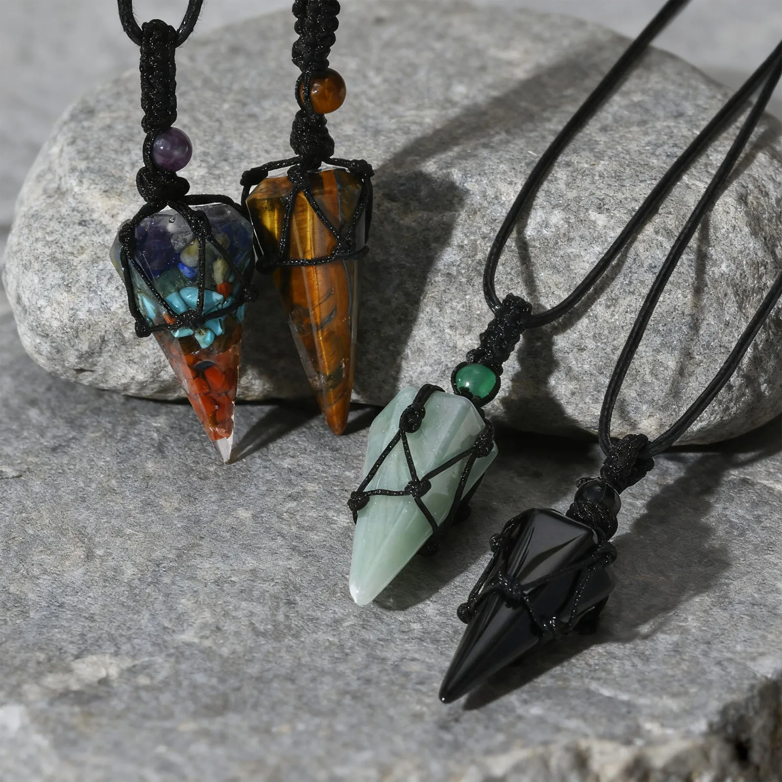 

Healing Nustural Stone Pointed Necklace for Men Women,Adjustable Black Rope Natural Gemstone Pendant,Stylish Jewelry Gift