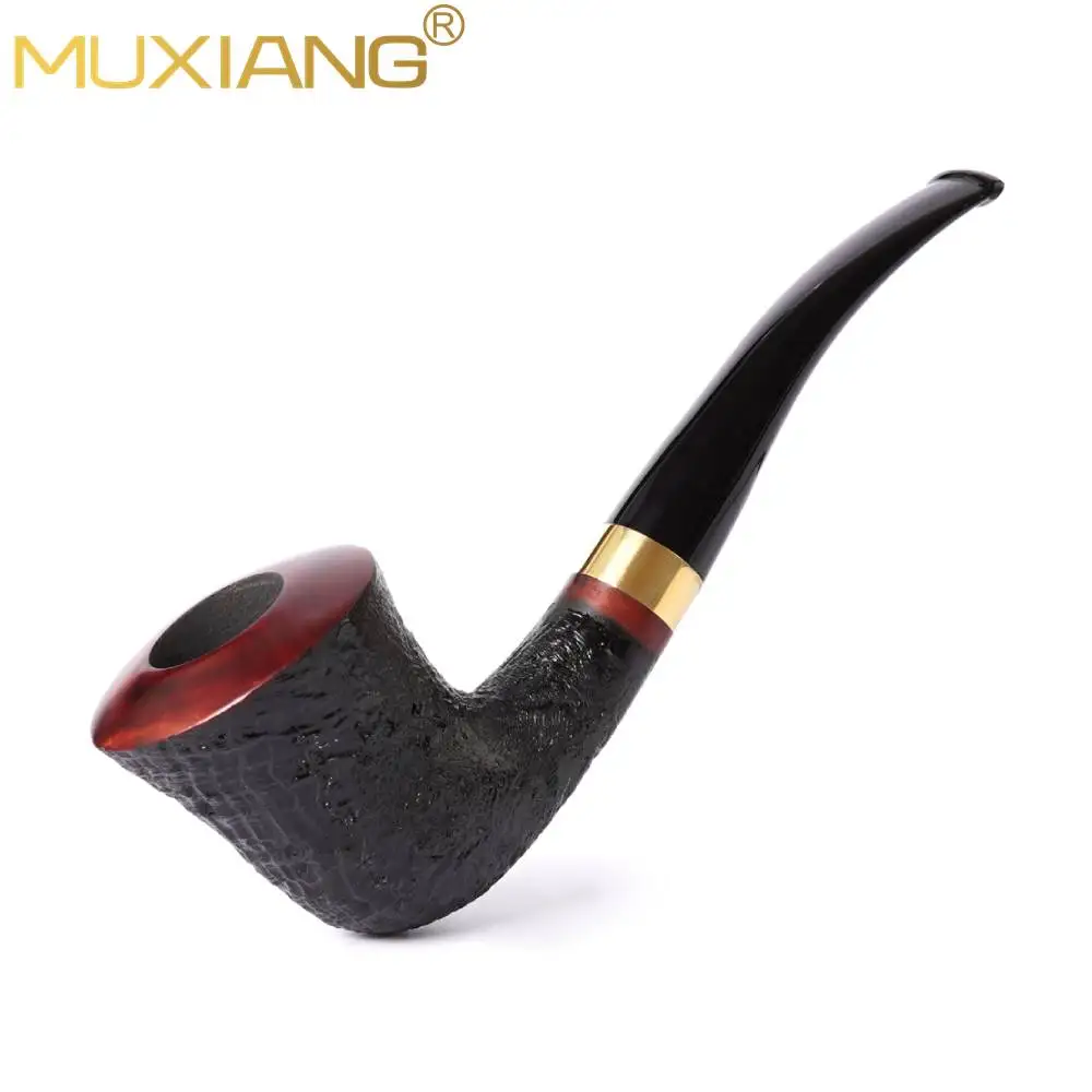 MUXIANG Sandblasted Briar Tobacco Pipe Curved Handle Pointed Mouthpiece Beginner Pipe 9mm Filter Channel Gift For Men Father