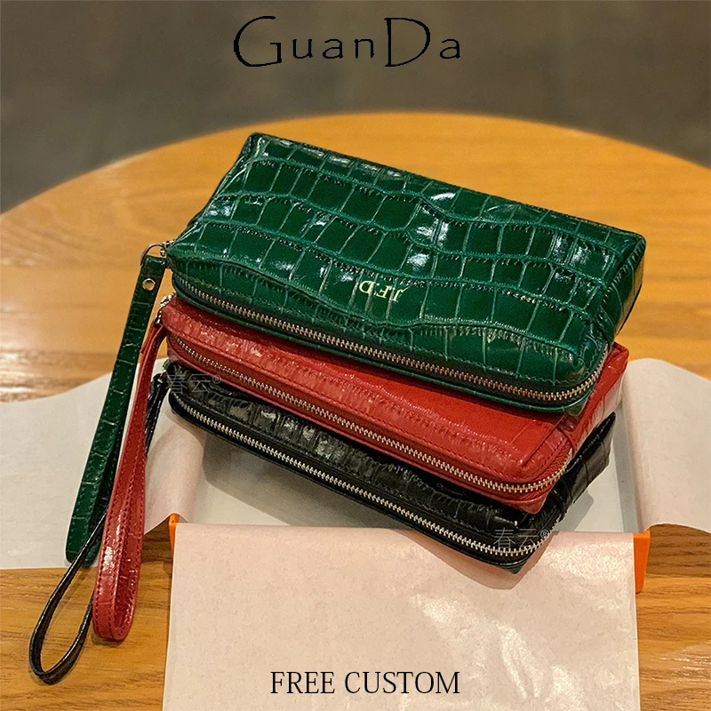 Custom Letters Fashion Long Wallet Crocodile Leather Pattern Cowhide Phone Pouch Engrave Initials Vintage Luxury Woman Coin Bag