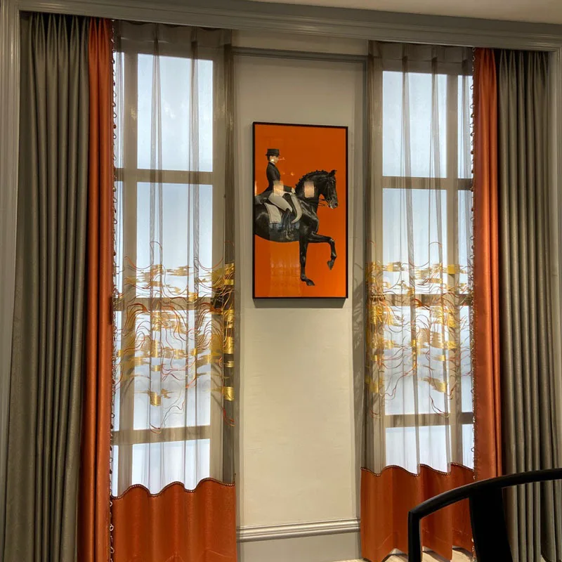 New Solid Color Orange Splicing Atmospheric Living Room, Bedroom and Restaurant Blackout Curtains Gold Thread Landscape