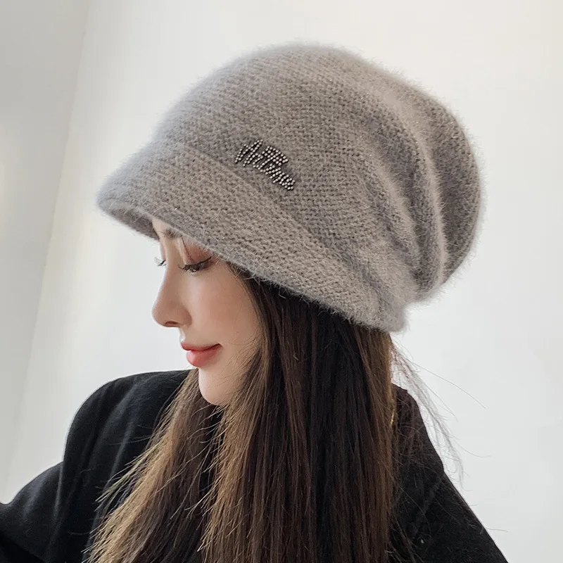 Bunny Fur Knitted Hat Fashion Women Outdoor Wide Brim Beanie Autumn Winter Thicken Warm Ear Protection Cap Korean All-Match Caps