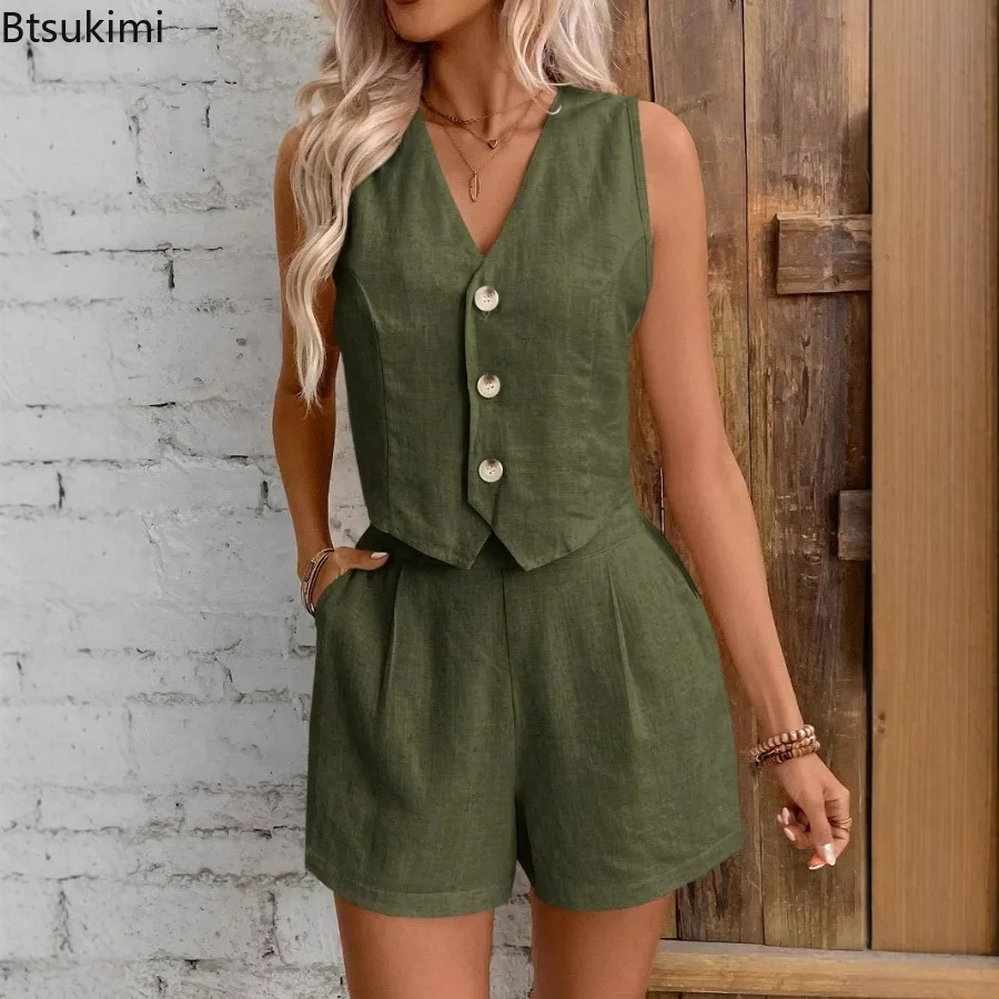 2026 Women's Solid Casual Two Piece Sets Fashion Sexy V-neck Sleeveless Vest Tops and Shorts Suit Women Summer Cotton Linen Sets - Image 6