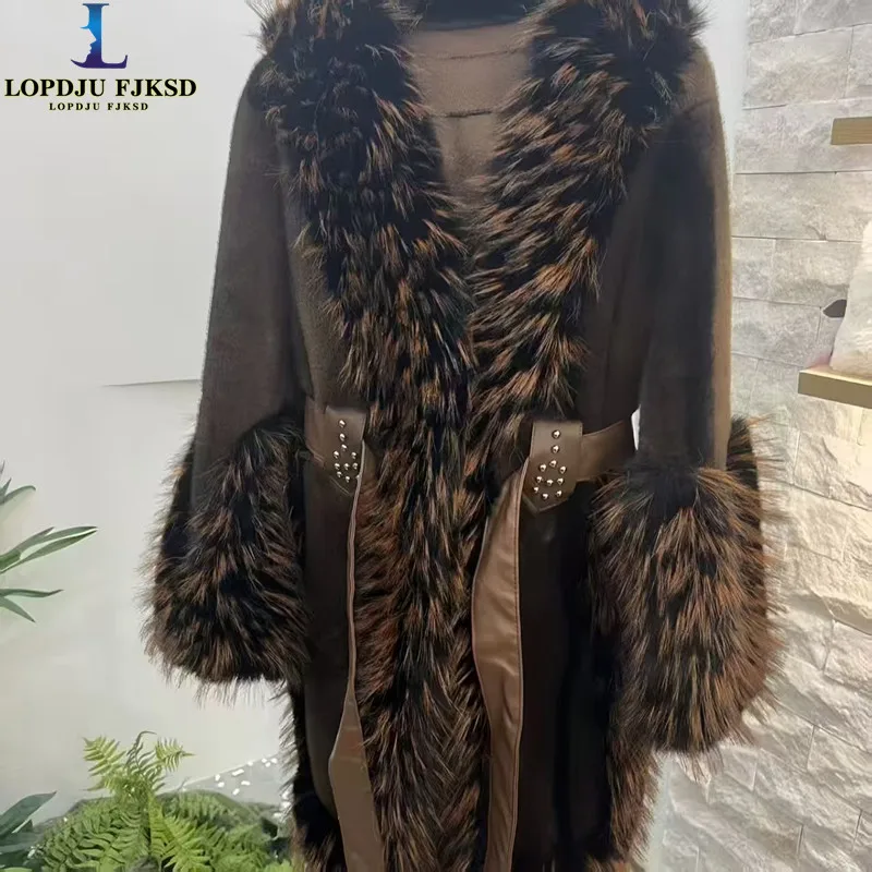Kunstnerz-Pelzmäntel für Damen, Jacken mit Pelzkragen, Mantel mit verstellbarer Taille, Damenkleidung, warm verdickt, luxuriös, neu, Winter, 2025