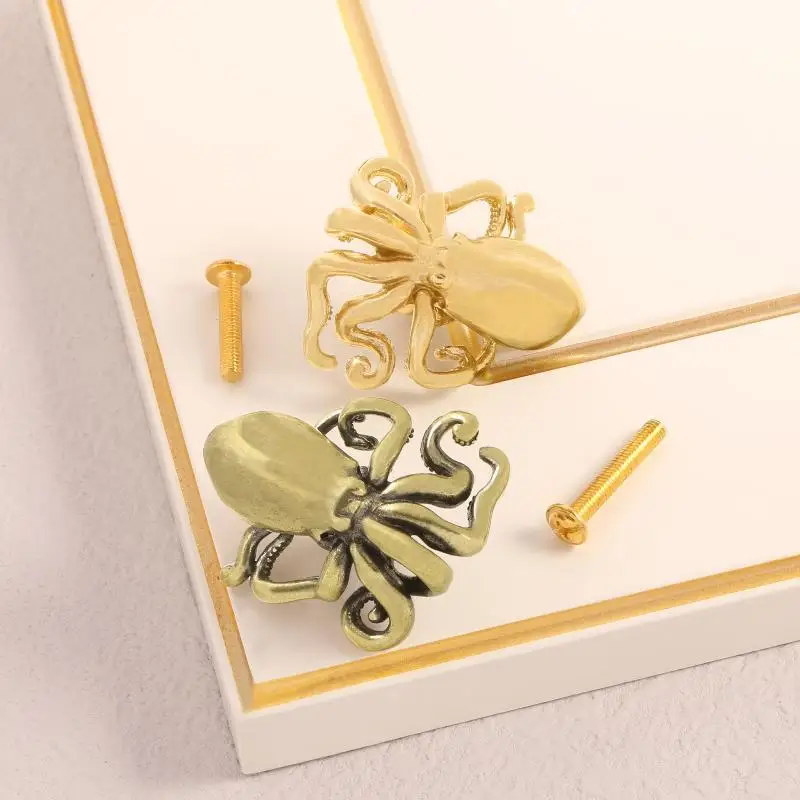 Trendy Retro Octopus Brass Handle Vintage Furniture Hardware Cabinet Door Knobs Push-pull Gold Wardrobe Drawer Pulls Dresser