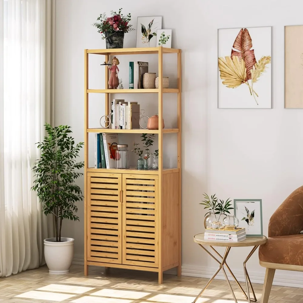 Bamboo Storage Cabinet with 2 Doors and 3 Tier Shelves Bathroom  Freestanding, 67”H Tall Cabinet